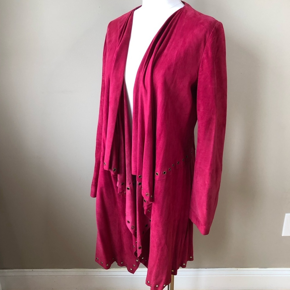 Lafayette 148 Cranberry Red Real Suede Leather Grommet  Coatigan Cardigan 10